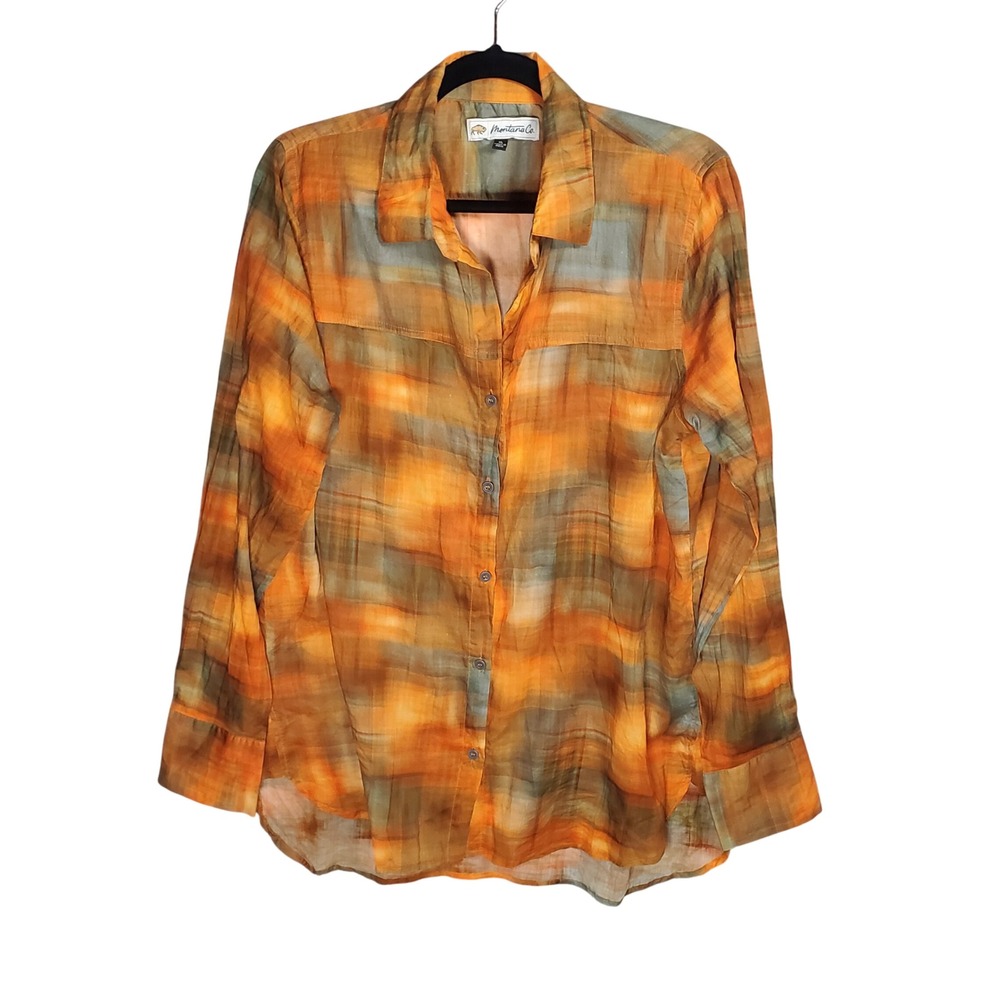 Montana Co Womens XL Orange Plaid Buffalo Patch Floral Embroidered Button Shirt